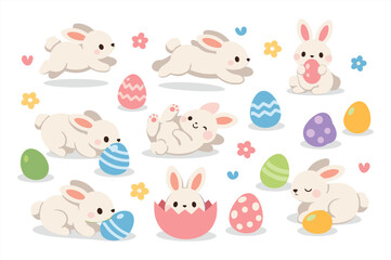 Obraz premium Cute cartoon bunnies and easter eggs in playful spring scene