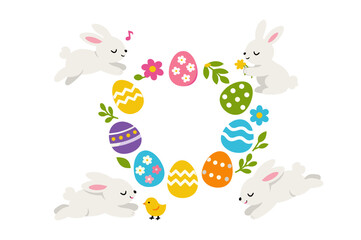 Obraz premium Cute bunnies and colorful easter eggs in heart shape with chick and flowers