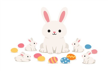 Fototapeta premium Cute cartoon bunny with baby rabbits and colorful easter eggs