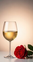 Elegant composition of a full glass of chilled white wine resting beside a deep red rose bloom, conveying luxury, romance, and special occasions, pairing, white wine, romance