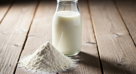 Essential baking ingredients displayed: fine white wheat flour and fresh milk in a glass container on a rustic wooden table, supply, rustic, ingredient