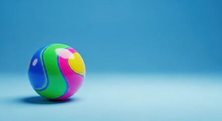 Dynamic image of a single colorful sphere used for games and recreation, contrasted sharply against a bright, uniform azure blue surface, game, backdrop, circle