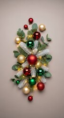 Elegant holiday composition featuring sparkling lights, winter greenery, and festive ornaments on a neutral backdrop, perfect for seasonal design mockups, garland, festive, december