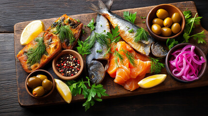 Smoked fish assortment rustic wooden board, artisanal food photography culinary styling, visualization gourmet seafood display, with copy space