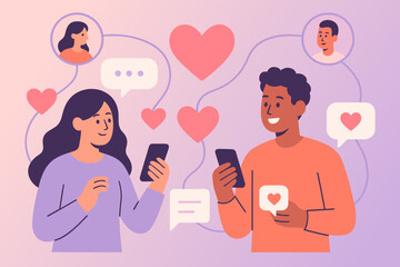 Young diverse couple chatting online with hearts and messages