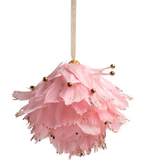 A sophisticated isolate holiday ornament featuring soft, layered pink feathers arranged in a floral...