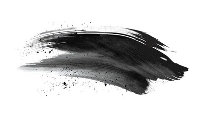 A sweeping, dynamic black brushstroke with scattered ink splatters on a white backdrop