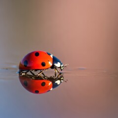 Macro shot of a spotted red ladybird creating a perfect mirror reflection on a calm, wet, shiny surface in natural light, closeup, creature, nature