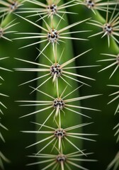 Macro shot focusing on the very sharp spines of a vibrant green desert cactus, highlighting the dangerous texture and defensive nature, defense, thorn, flora