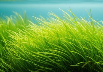 Lush green freshwater grass blades waving softly underwater in clear, natural light, symbolizing aquatic life and ecosystem health, pure, submerged, water