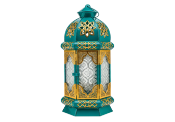 turquoise ornate islamic lantern with gold filigree for ramadan eid mubarak decor