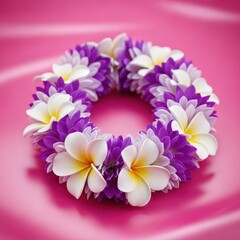 Tropical flower lei featuring white and purple blossoms resting on a sweet, bright pink surface, symbolizing warm welcome and paradise, sweet, warm, vacation