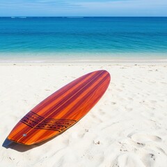 Traditional wooden surfboard resting on bright white tropical sand next to the deep blue ocean water, awaiting the tide, clear, wave, hawaiian
