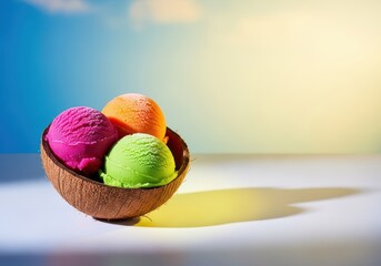 Vibrant scoops of frozen fruit dessert beautifully arranged inside a hollow tropical shell, perfect for a refreshing summer treat on a sunny afternoon, natural, nobody, lime