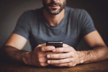 Man using smartphone at a wooden table