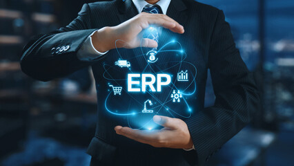 ERP platform visual showing centralized system for enterprise resource planning, improving integration, data flow, business efficiency, finance, inventory, and human resources. Elide