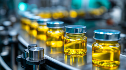 Bottling line filling containers display, liquid fish oil pharma-grade facility, omega production visualization, supplement manufacturing concept, with copy space