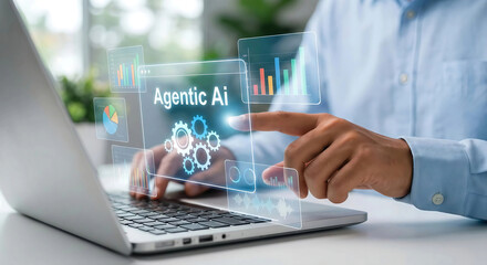 Agentic AI and Autonomous Automation Concept with Man Using Laptop to Manage AI Agents and Workflows