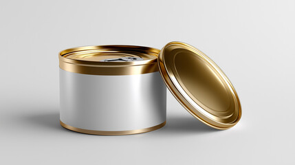 Canned fish label design mockup, neutral background packaging visualization, commercial product display, branding concept representation, with copy space