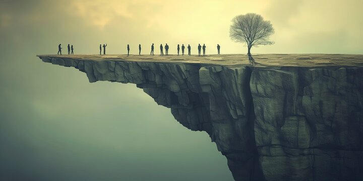 A surreal image depicting a group of silhouetted people standing on the edge of a cliff, with a solitary tree nearby. The scene conveys themes of isolation, decision-making, and the vastness of