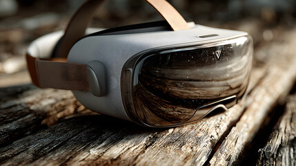 Close up Contemporary Virtual Reality Headset Device on Rustic Wood Surface
