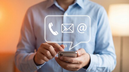 Professional businessman holding smartphone with communication icons floating above hands showing email phone and message symbols