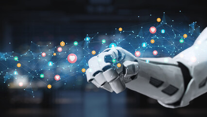 A close-up of a futuristic robotic hand engaging with a vibrant digital network, showcasing social media icons and highlighting modern connectivity and technological innovation. Synapse