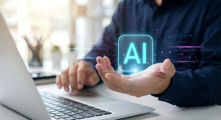 Man Holding Artificial Intelligence AI Symbol on Palm Over Laptop Background Representing Modern Technology and Future Innovation