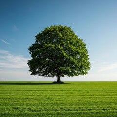 Fototapeta premium Majestic single beech tree standing alone in a vast green meadow, displaying a perfectly symmetrical treetop and thick summer foliage, stunning, beautiful, summer