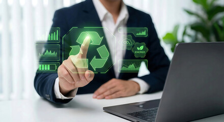 Businessman Working on Sustainability and ESG Goals Using Virtual Interface with Recycle Icon and Environmental Energy Data