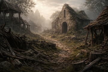 Obraz premium Old village ruins show broken buildings and a stone path surrounded by trees and mist. The scene captures early morning light and fading architecture.
