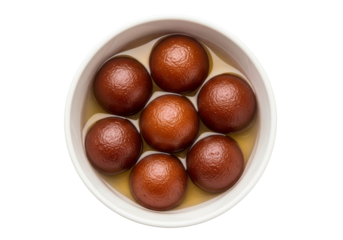 gulab jamun dessert in syrup bowl with round brown dumplings