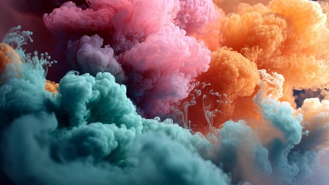 Colorful Holi powder clouds collide and expand in midair, forming a rich abstract composition with dense textures, slow motion movement and vibrant festival colors on a dark background