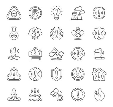 Warning vector icons in line style. Warning icons collection. Danger icons set.