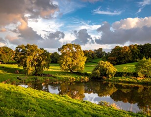 Obraz premium Scenic landscape featuring a serene body of water reflecting trees and a dramatic, cloudy sky, evoking tranquility
