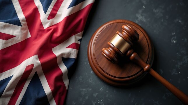 Wooden judge gavel on UK flag for British legal concept