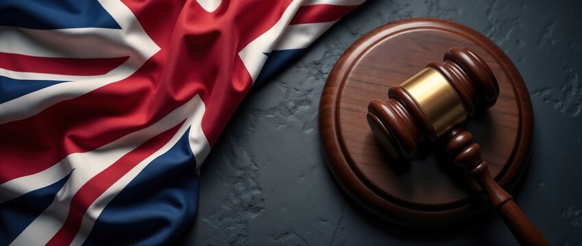 Judge gavel with United Kingdom flag legal background