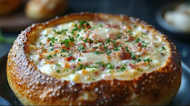 Creamy Soup Served in a Rustic Bread Bowl