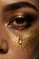 Eye crying liquid gold with fine glitter. A luxury aesthetic concept featuring an intense emotional close-up of an eye with gold droplets and amber skin textures in dramatic chiaroscuro lighting.