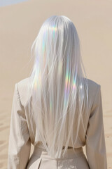 Person with glass fiber hair refracting light. An ethereal high-fashion concept featuring a back view of a person with translucent glass hair fibers refracting rainbows on minimalist  background.