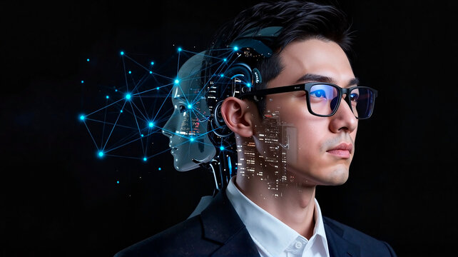 A human and android robot representing two-faced unity with futuristic digital elements