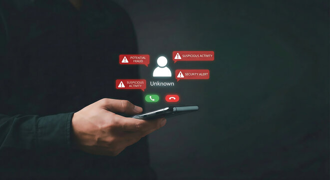 Phone Fraud and Scammer Alert with Person Holding Smartphone and Floating Warning Bubbles for Suspicious Activity