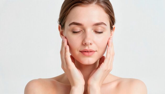A white woman gently massaging her temples with closed eyes, showcasing relaxation and self-care - Powered by Adobe