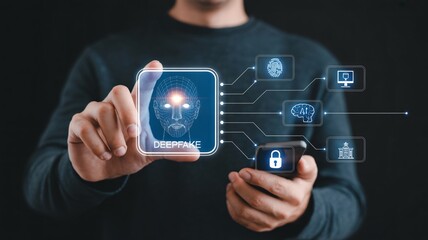 Man holding smartphone with digital security interface in futuristic blue glow with lock icons in dark background for cybersecurity