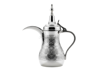 ornate silver dallah coffee pot with arabic patterns