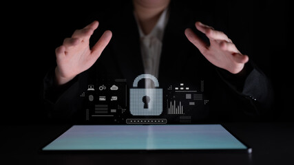 Cybersecurity protection system showing password encryption, fingerprint ID, cloud security, email, credit card, and database lock for secure data access Latch