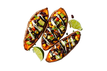 Stuffed Sweet Potatoes Baked sweet potatoes filled with black beans corn and avocado drizzled with lime juice on a plate isolated on white top view.jpe