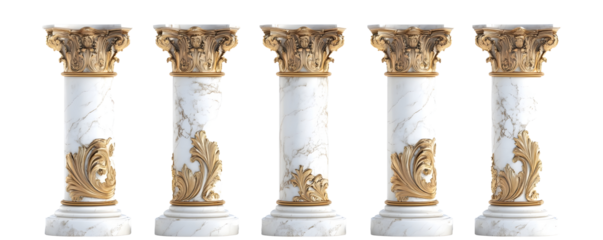 rendering 3d of five white and gold marble pillars with intricate royal carvings isolated on white background with clipping path