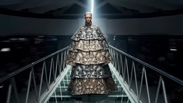 Fashion model wearing extraordinary gown walking on a bridge with elegant background