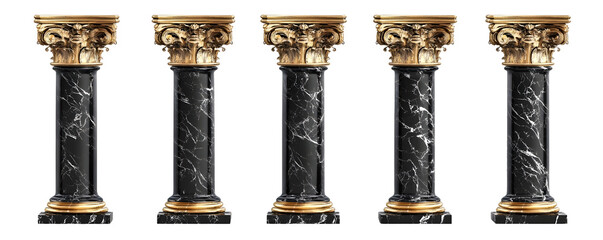 rendering 3d of five black and gold marble pillars with intricate royal carvings isolated on white background with clipping path